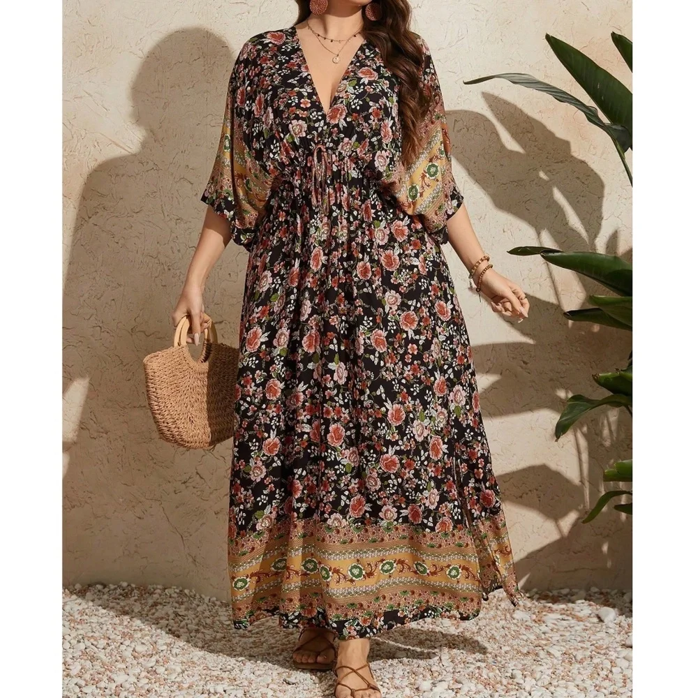 COPY - Boho Floral Print V neck Kimono Sleeve Maxi Dress
